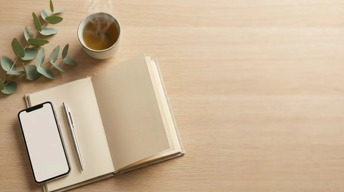 Herbal tea, a journal and a sprig of eucalyptus on a wooden table