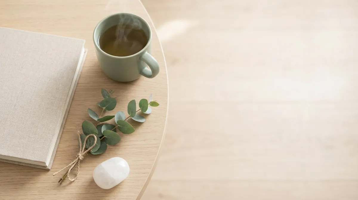 A cup of tea and a notebook on a wooden table