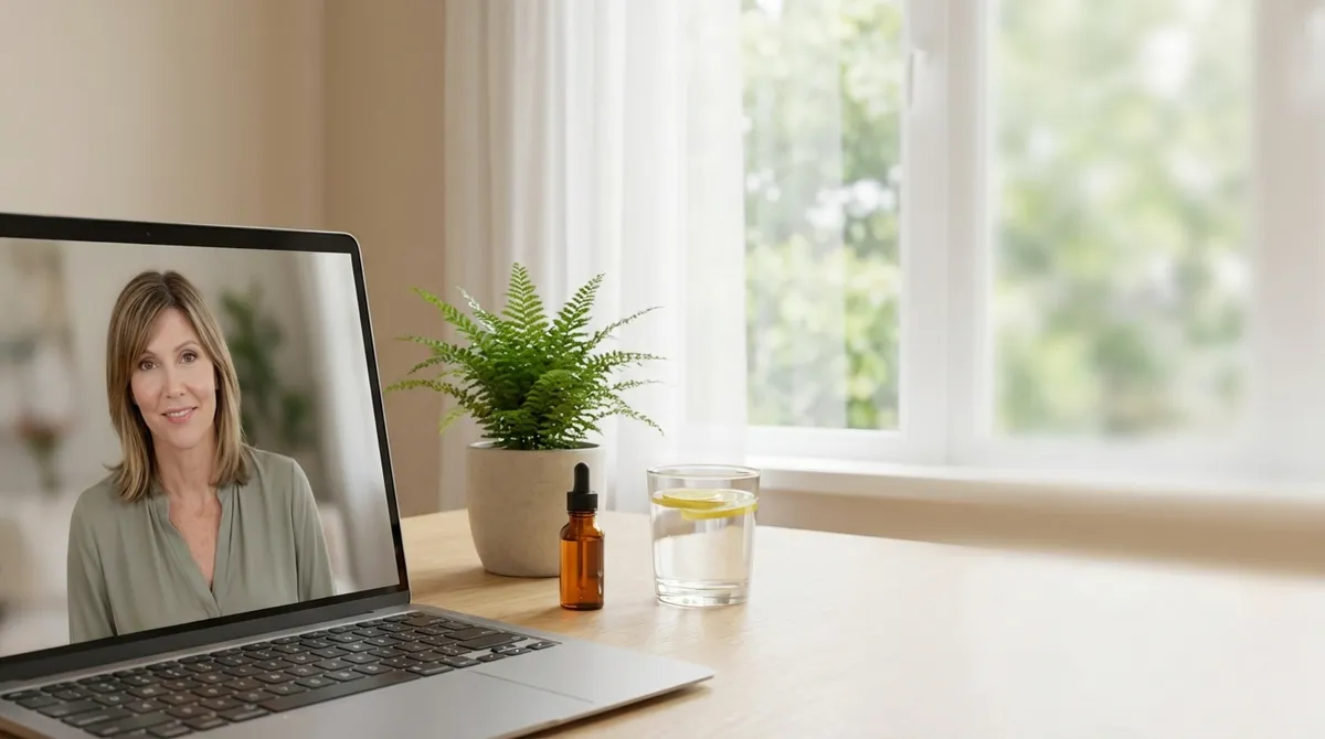 A laptop open on a desk for a video session